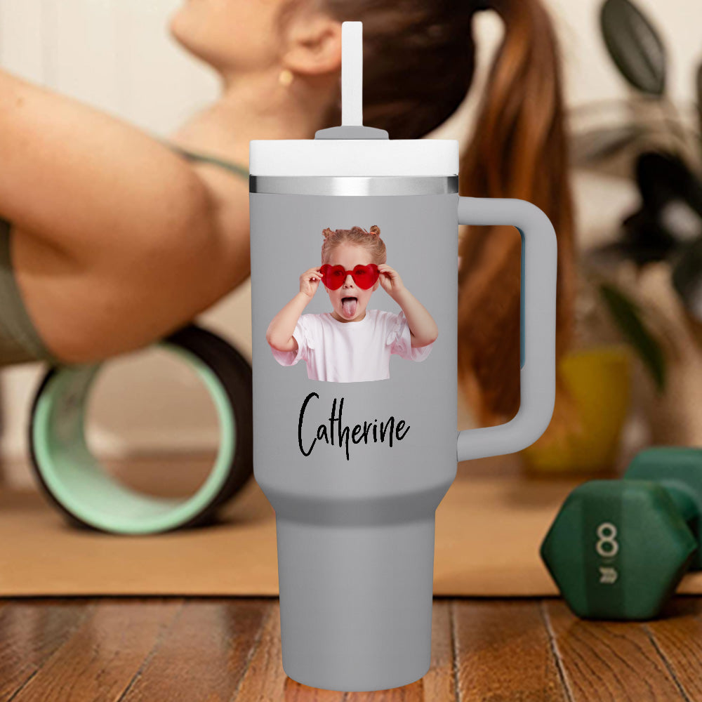 Personalised 40oz Stainless Steel Mug with Handle & Straw - Custom Text Travel Cup Gift