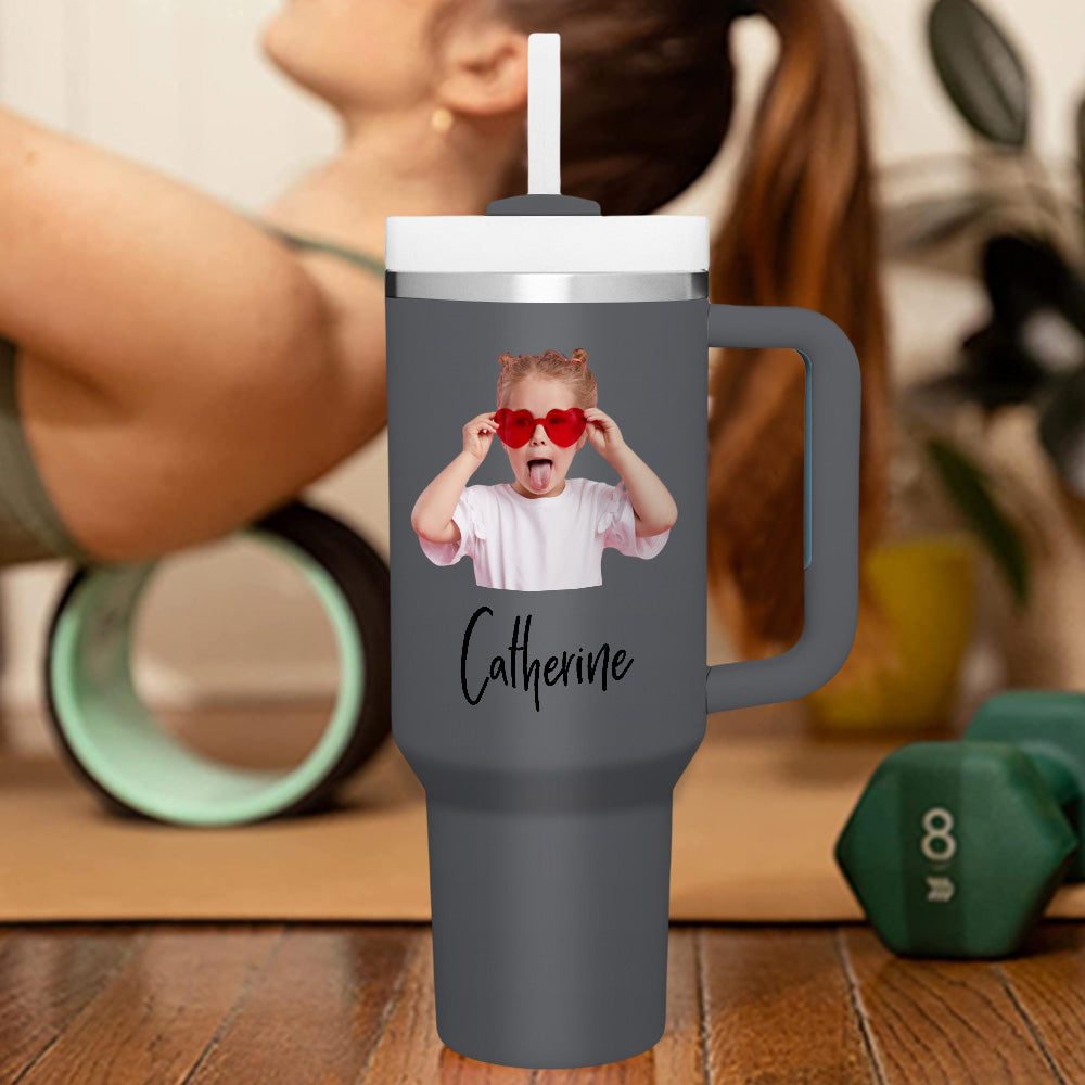 Personalised 40oz Stainless Steel Mug with Handle & Straw - Custom Text Travel Cup Gift