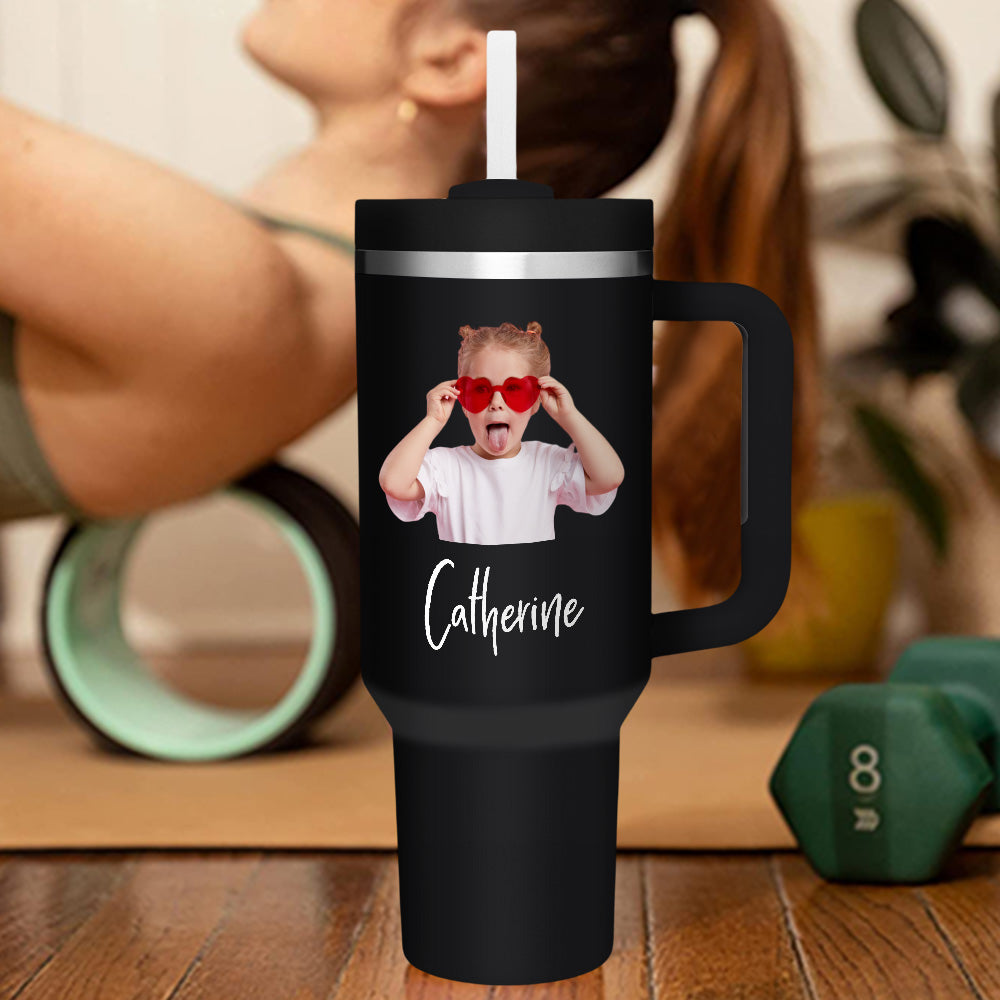 Personalised 40oz Stainless Steel Mug with Handle & Straw - Custom Text Travel Cup Gift