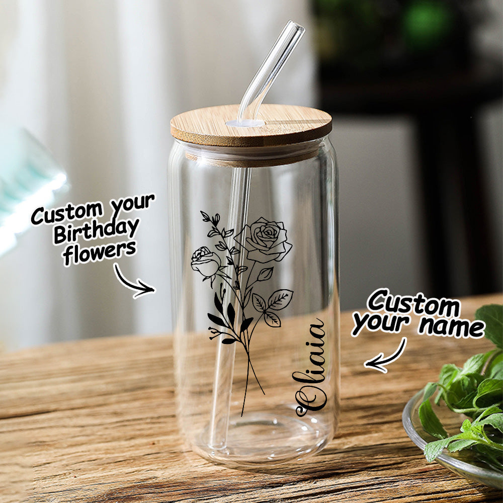 Personalised Name Glass Can with Birth Flower - Custom Gift for Mum, Friends & Bridesmaids