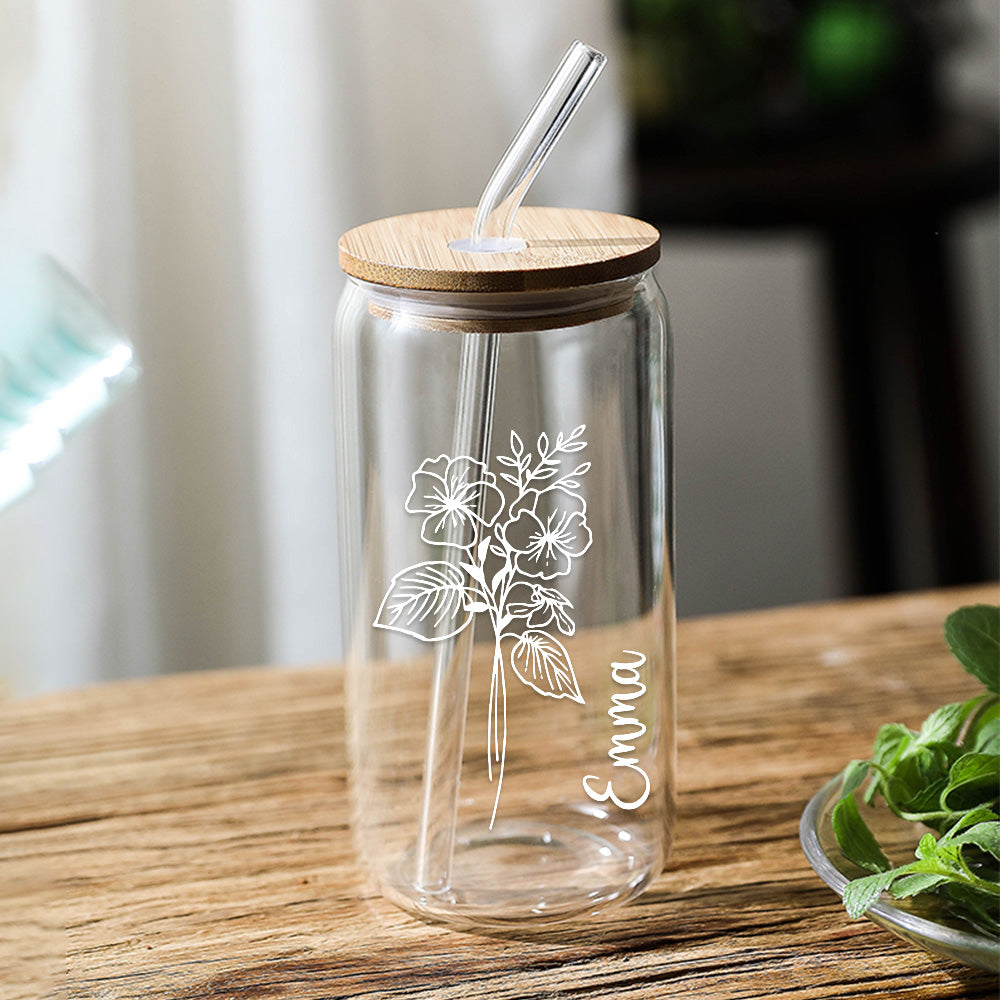 Personalised Name Glass Can with Birth Flower - Custom Gift for Mum, Friends & Bridesmaids