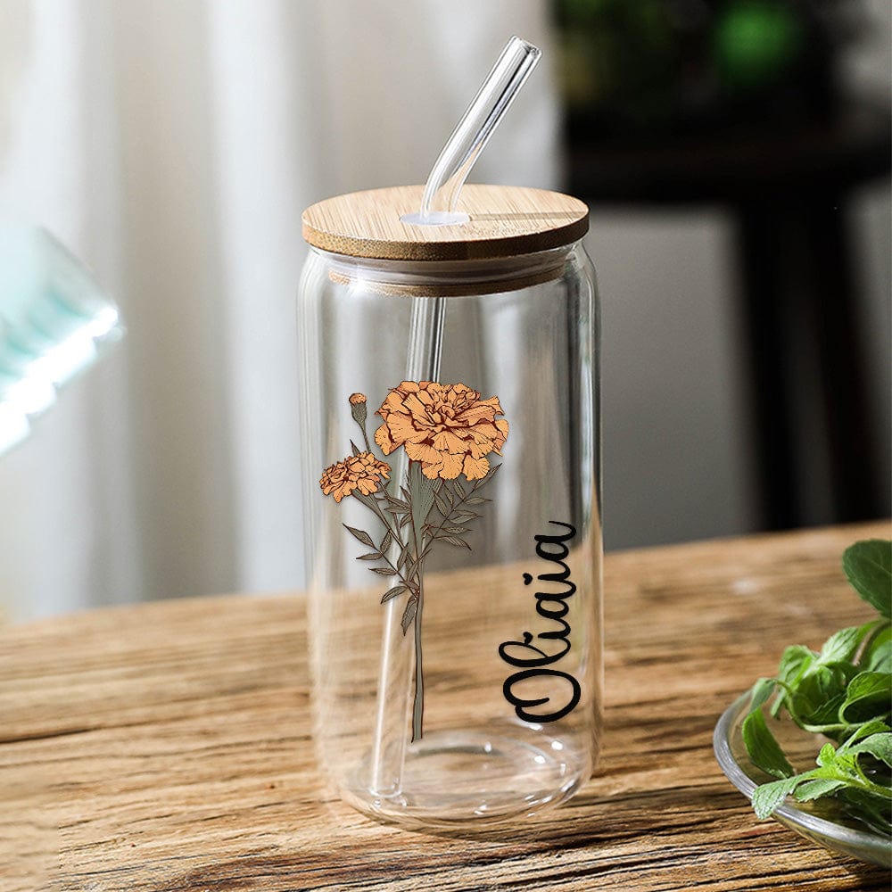 Personalised Name Can Glass with Colourful Birth Flower - Custom 19oz Gift