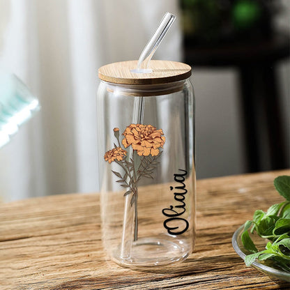 Personalised Name Can Glass with Colourful Birth Flower - Custom 19oz Gift