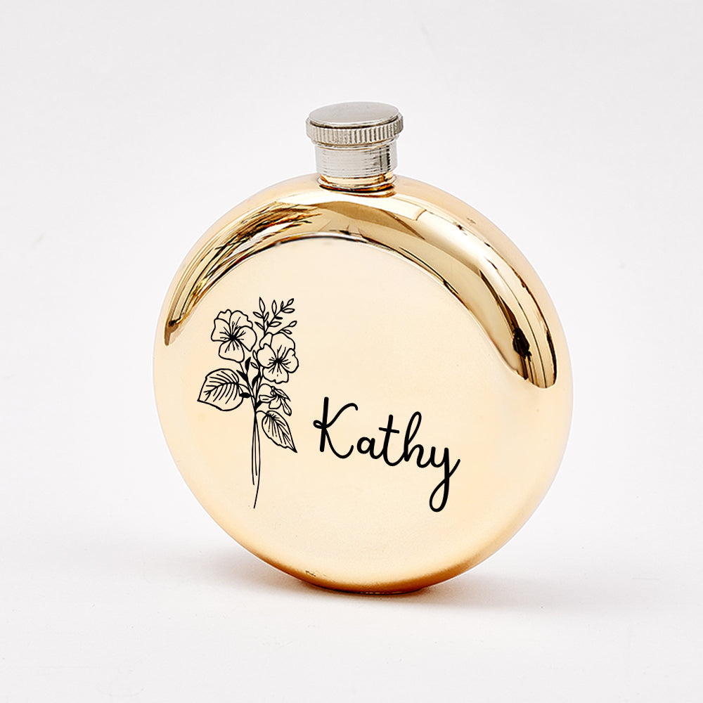 Personalised Name Flask with Birth Flower - Custom Bridesmaid Gift