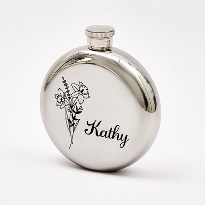 Personalised Name Flask with Birth Flower - Custom Bridesmaid Gift