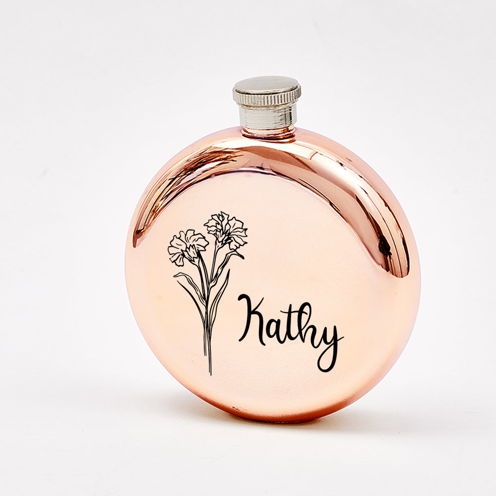 Personalised Name Flask with Birth Flower - Custom Bridesmaid Gift