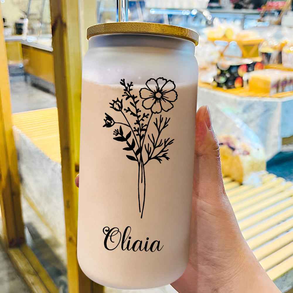 Personalized Name Frosted Can Glass with Birth Flower Custom Can Glass with Straw Gift for Mother Friends Family Bridesmaid
