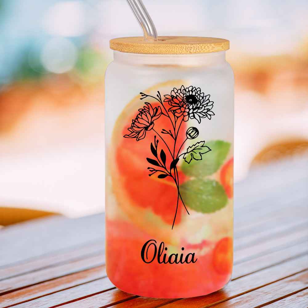 Personalized Name Frosted Can Glass with Birth Flower Custom Can Glass with Straw Gift for Mother Friends Family Bridesmaid