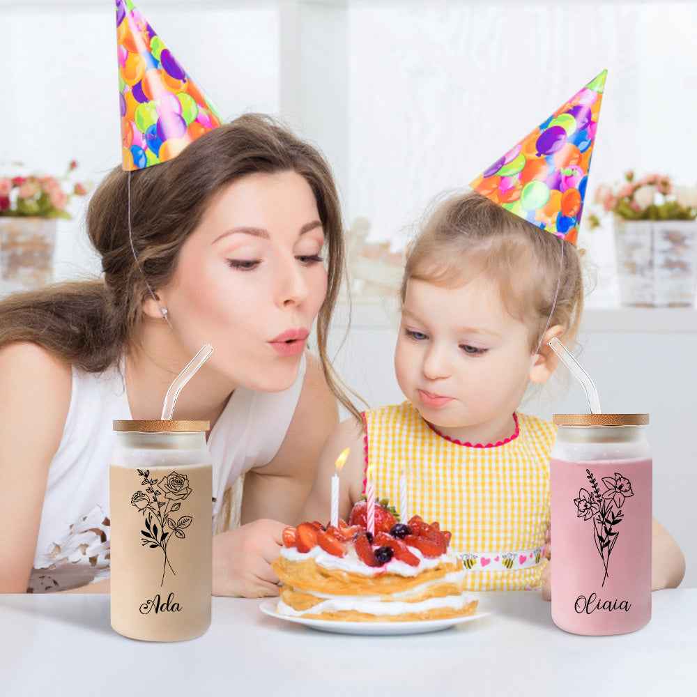 Personalized Name Frosted Can Glass with Birth Flower Custom Can Glass with Straw Gift for Mother Friends Family Bridesmaid