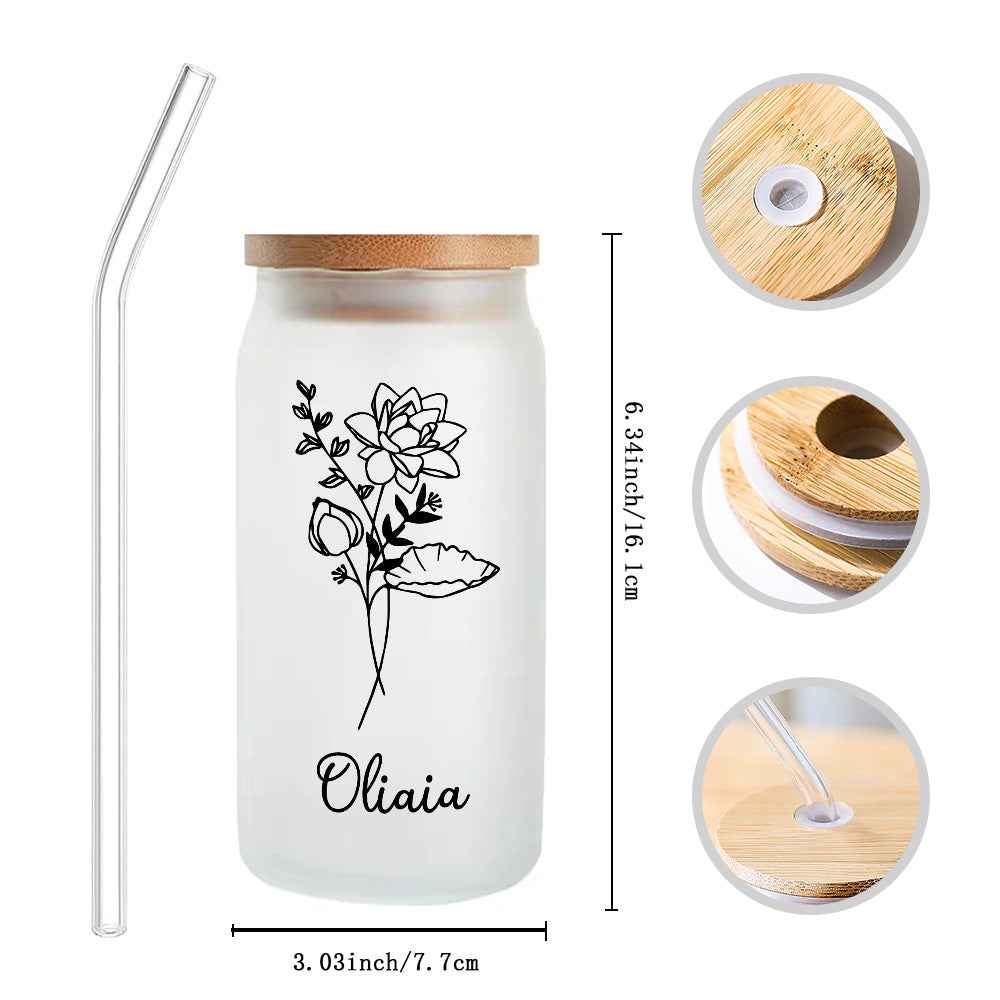 Personalized Name Frosted Can Glass with Birth Flower Custom Can Glass with Straw Gift for Mother Friends Family Bridesmaid