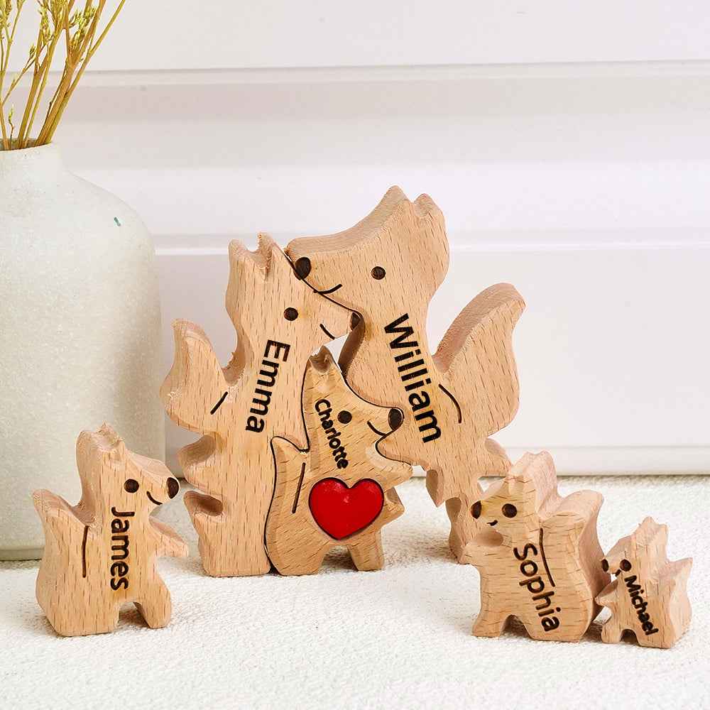 Puzzle In Legno Per Famiglie Di Volpi Con Nomi Personalizzati, Regali Per L'inaugurazione Della Casa