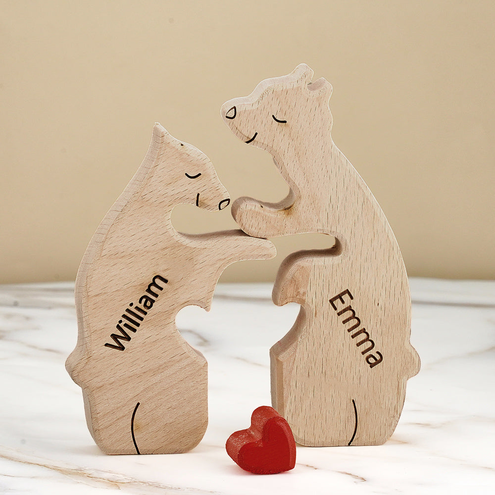 Personalised wooden family bear puzzle 15 cm — engraved custom name keepsake with natural wood finish