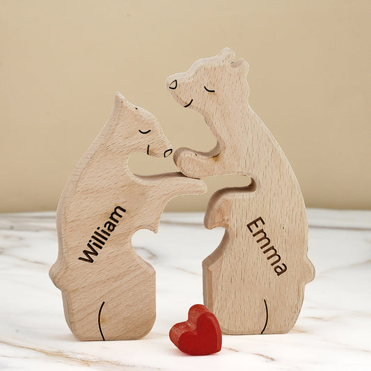 Personalised wooden family bear puzzle 15 cm — engraved custom name keepsake with natural wood finish