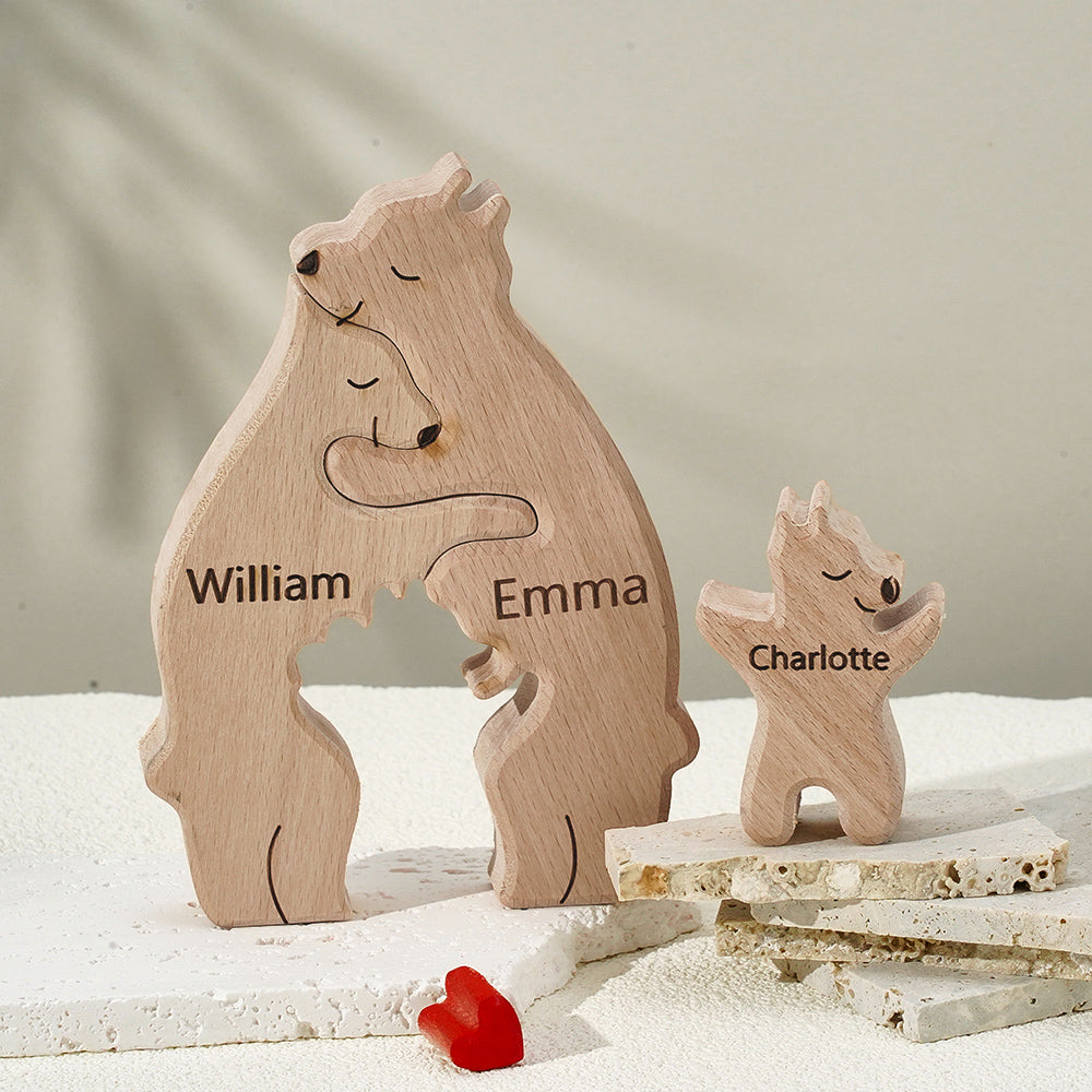 Front view of personalised wooden family bear puzzle, engraved names on interlocking bears — ideal personalised name gift