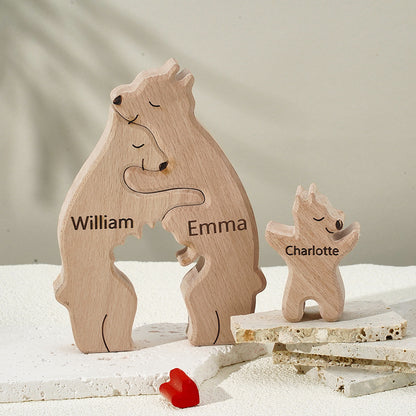 Front view of personalised wooden family bear puzzle, engraved names on interlocking bears — ideal personalised name gift