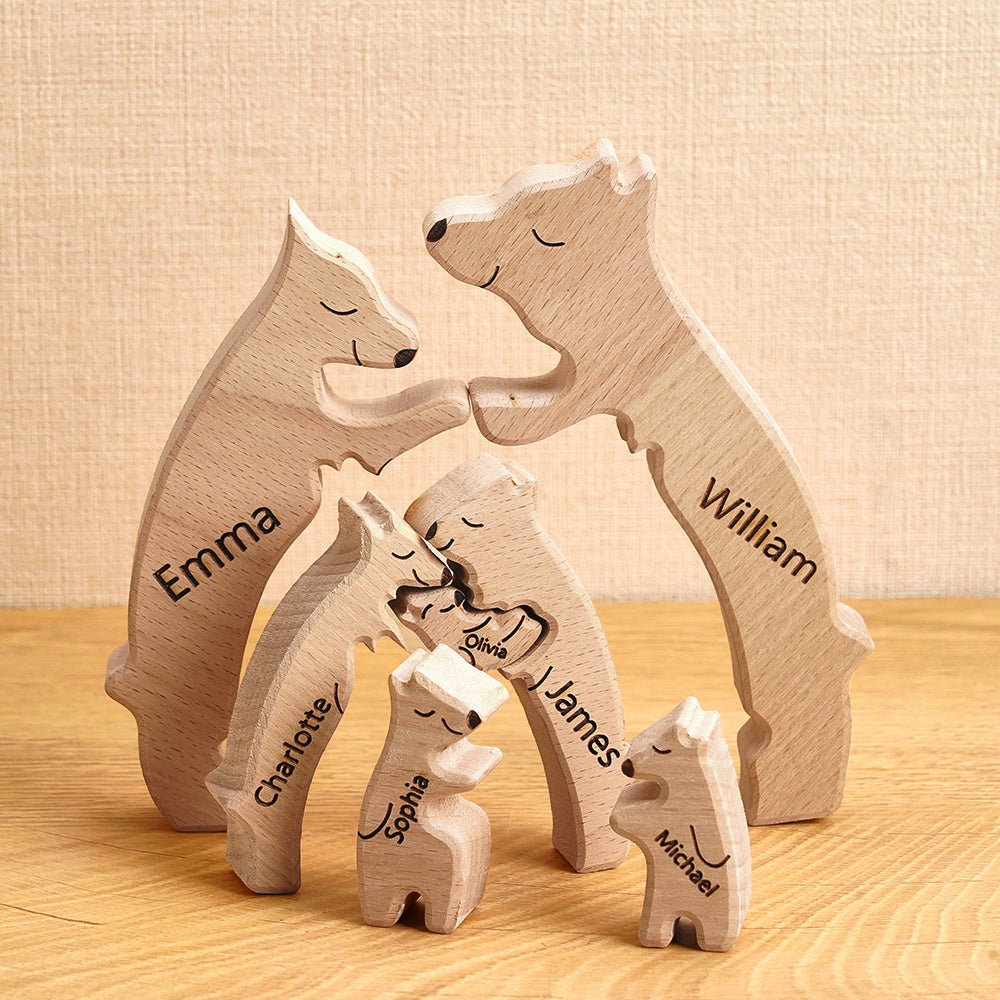 Individual custom name bears removed from the personalised wooden family puzzle — engraved wooden bear keepsakes for display