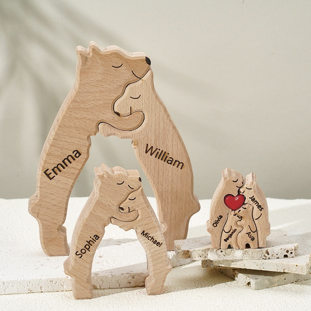 Gift-ready presentation of personalised engraved wooden bear puzzle — custom name keepsake perfect for weddings or Mother's Day
