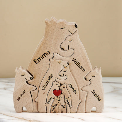 Engraved quote and names on personalised wooden family bear puzzle — bespoke engraved bear ornament and meaningful keepsake