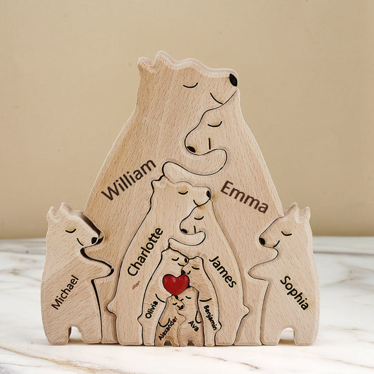 Personalised wooden family bear puzzle 15 cm — engraved custom name keepsake with natural wood finish