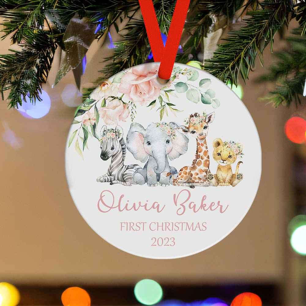 Baby's First Christmas Custom Name Ornament with Cute Wild Animals 2023 Christmas Gift