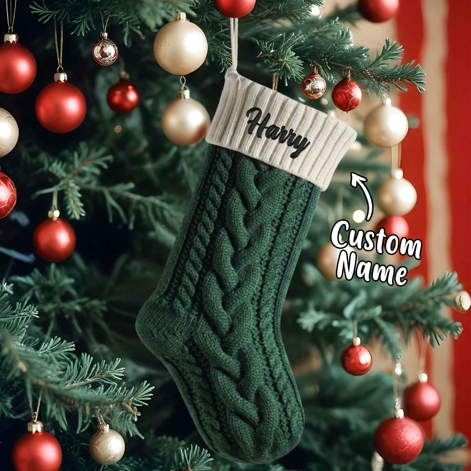 Personalized Knitted Christmas Stocking Ornament with Custom Name – Holiday Hanging Decor