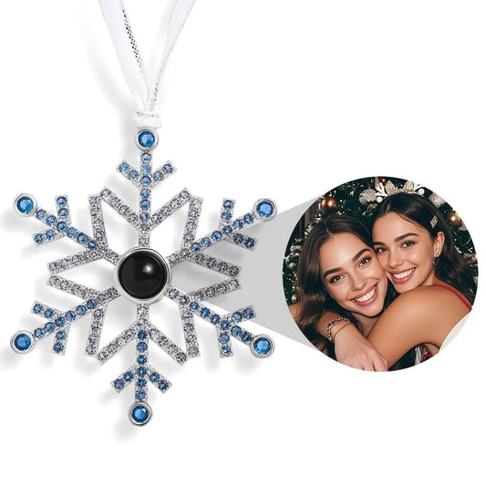 Personalised blue snowflake photo projection ornament hanging on a Christmas tree, handcrafted alloy keepsake (5×6.3 cm) – custom Christmas gift and stocking filler