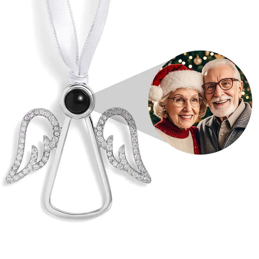 Personalised angel photo projection ornament – handcrafted alloy angel with built-in projection lens displaying a custom photo; perfect personalised Christmas gift, memorial keepsake or Mother’s Day present