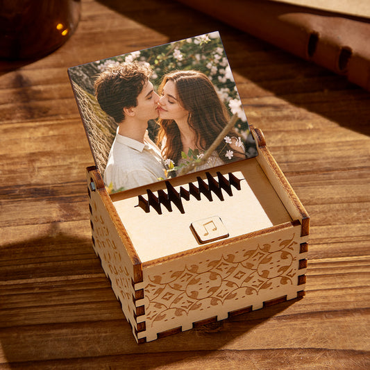 Personalised digital photo music box — wooden keepsake with custom high-resolution photo on the lid, MP3 playback and on-device voice recording