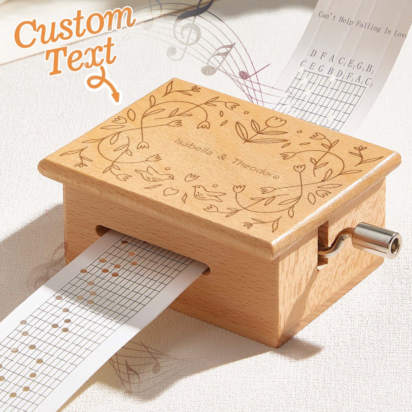 Personalised Hand-Cranked Paper Strip Music Box - 15-Note Movement with 2 Pre-Printed Melodies