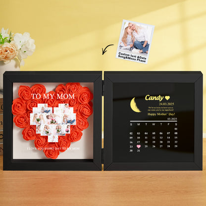 Front view of personalised flower shadow box with moon phase calendar – Mother's Day birthday gift for Mum