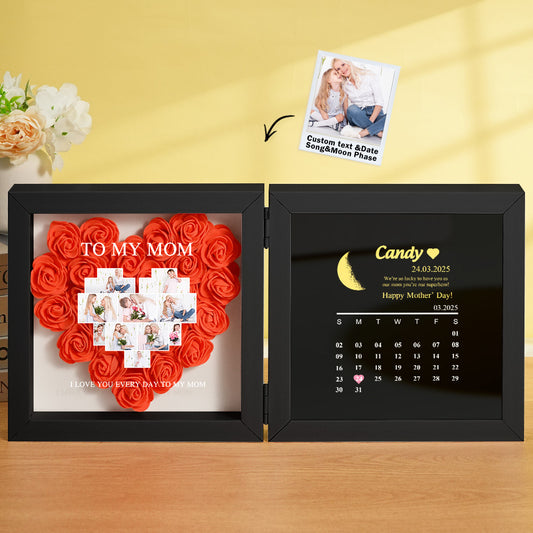 Front view of personalised flower shadow box with moon phase calendar – Mother's Day birthday gift for Mum