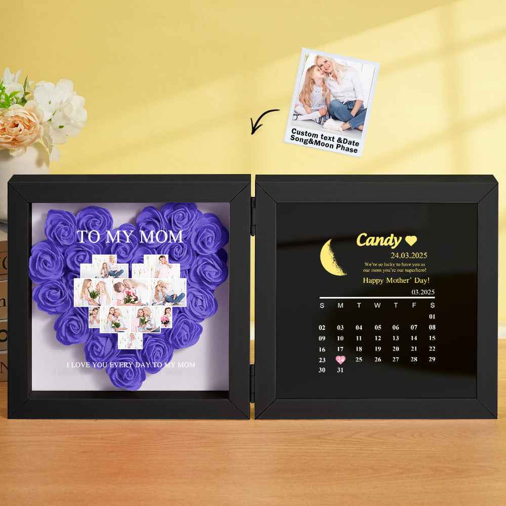 Personalized Flower Shadow Box with Moon Phase Calendar Hearts Flower Box Mother's Day Gift for Mom
