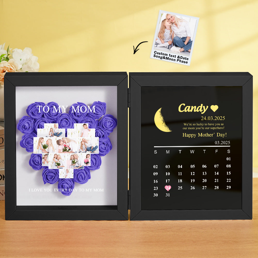Close-up of printed moon phase calendar and tiny star accents in personalised shadow box – thoughtful anniversary gift for her