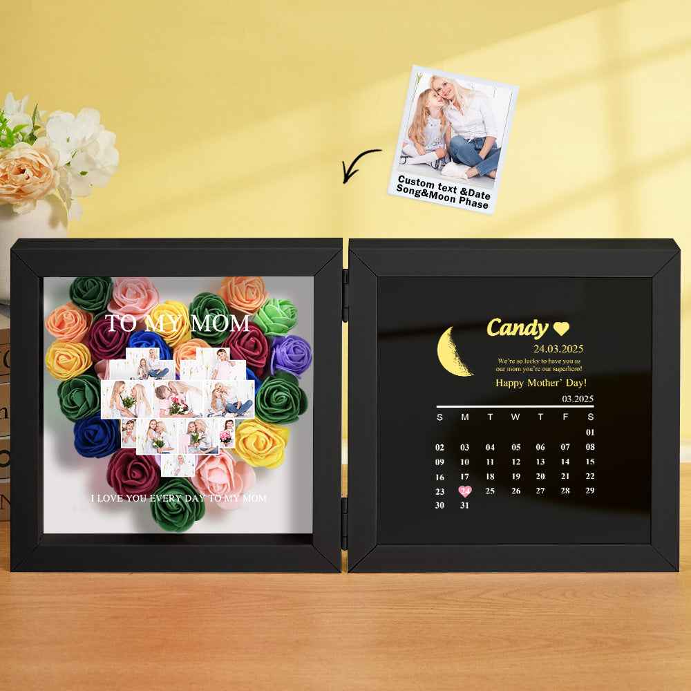 Personalized Flower Shadow Box with Moon Phase Calendar Hearts Flower Box Mother's Day Gift for Mom