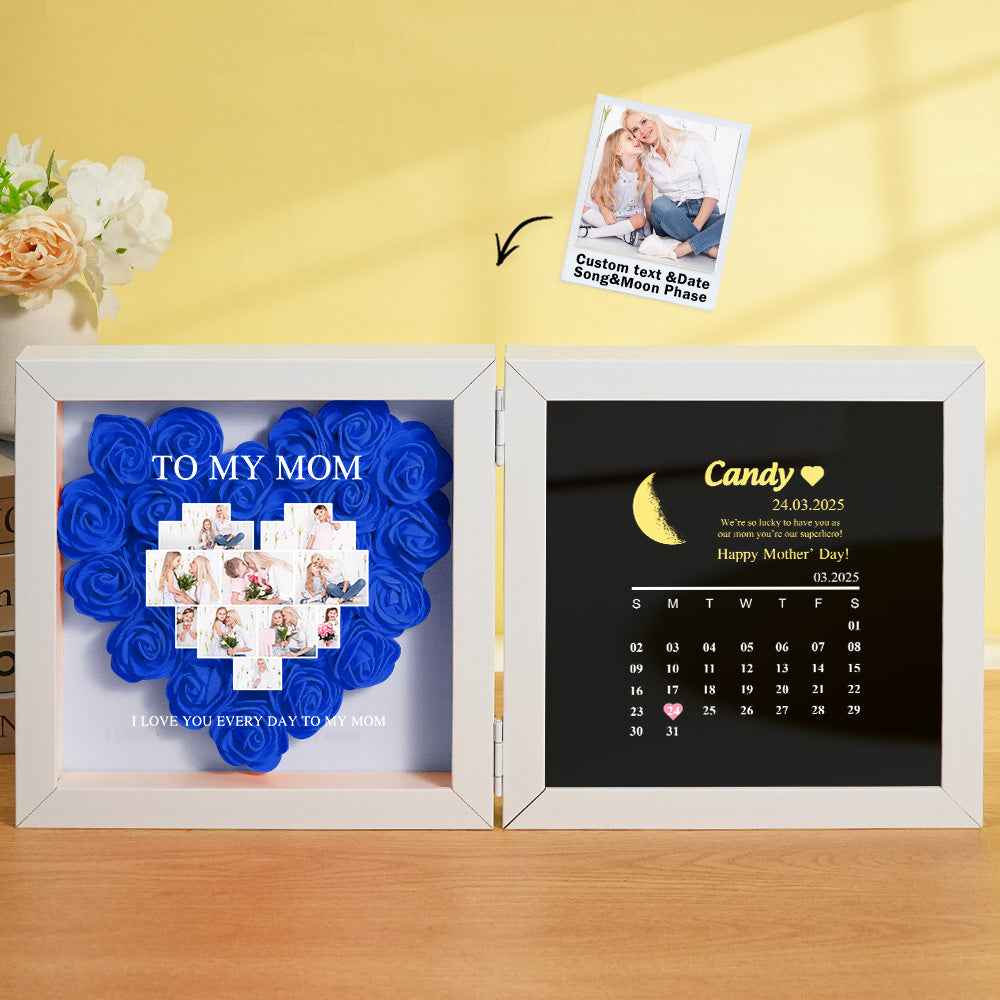 Personalized Flower Shadow Box with Moon Phase Calendar Hearts Flower Box Mother's Day Gift for Mom