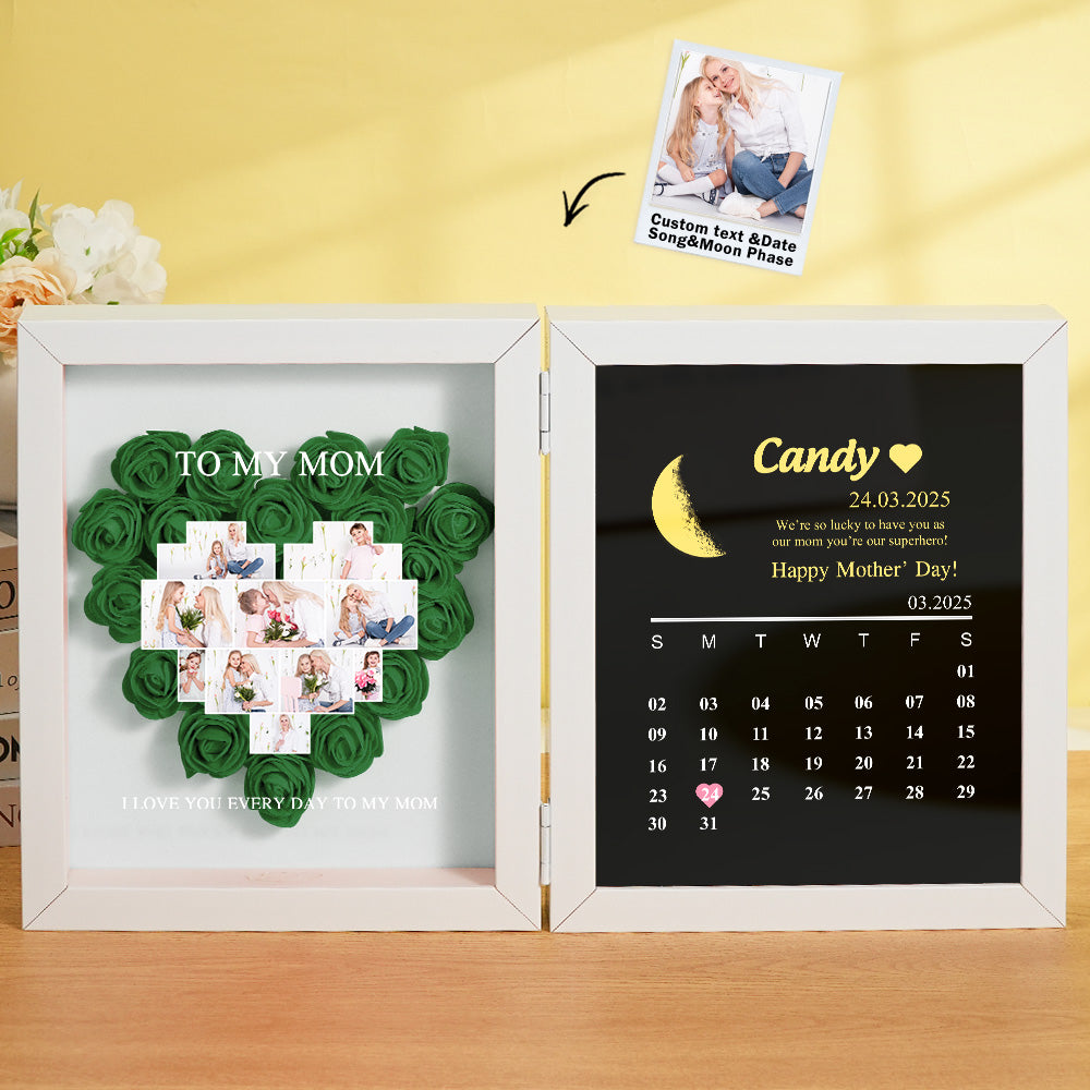 Close-up showing vibrant colour fidelity of EVA flowers in personalised shadow box – long-lasting Mother's Day gift
