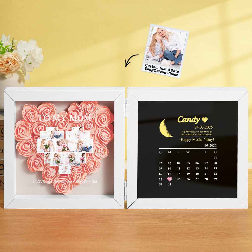 Personalized Flower Shadow Box with Moon Phase Calendar Hearts Flower Box Mother's Day Gift for Mom
