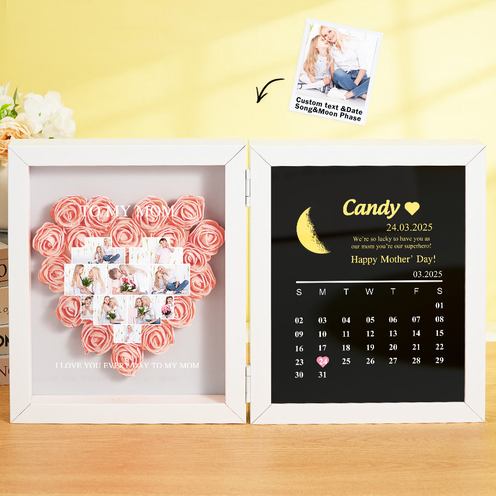 Close-up of moon phase icons and personalised text on shadow box – unique Moon Phase Calendar gift idea