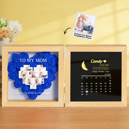 Evening shot showing moonlight catching the moon phase calendar in the personalised shadow box – sentimental gift for her