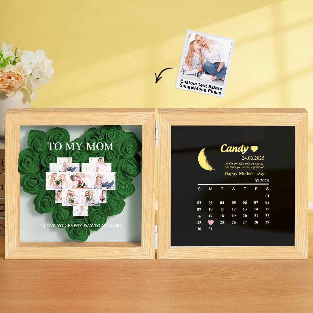 Personalized Flower Shadow Box with Moon Phase Calendar Hearts Flower Box Mother's Day Gift for Mom