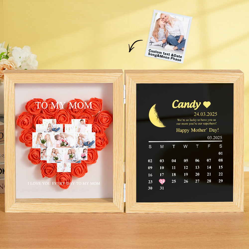 Hero shot of personalised flower shadow box on shelf – elegant personalised home decor and Moon Phase Calendar gift