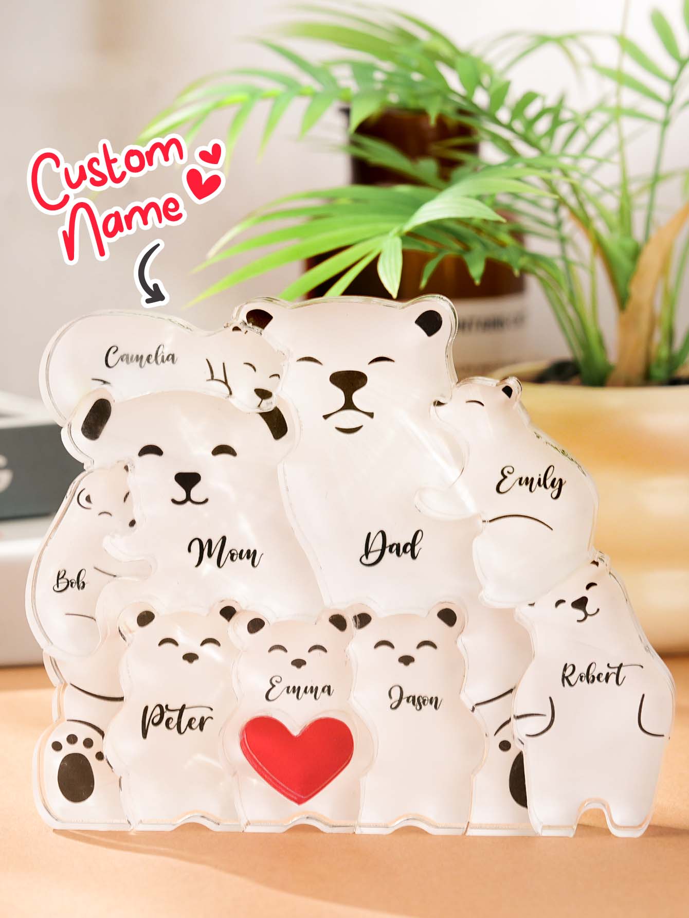 Side profile of custom acrylic bear family puzzle highlighting the clear finish and precise engraved names