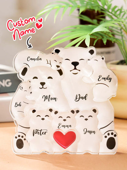Personalised bear puzzle leaning on a mantelpiece — acrylic keepsake engraved with family names to celebrate togetherness