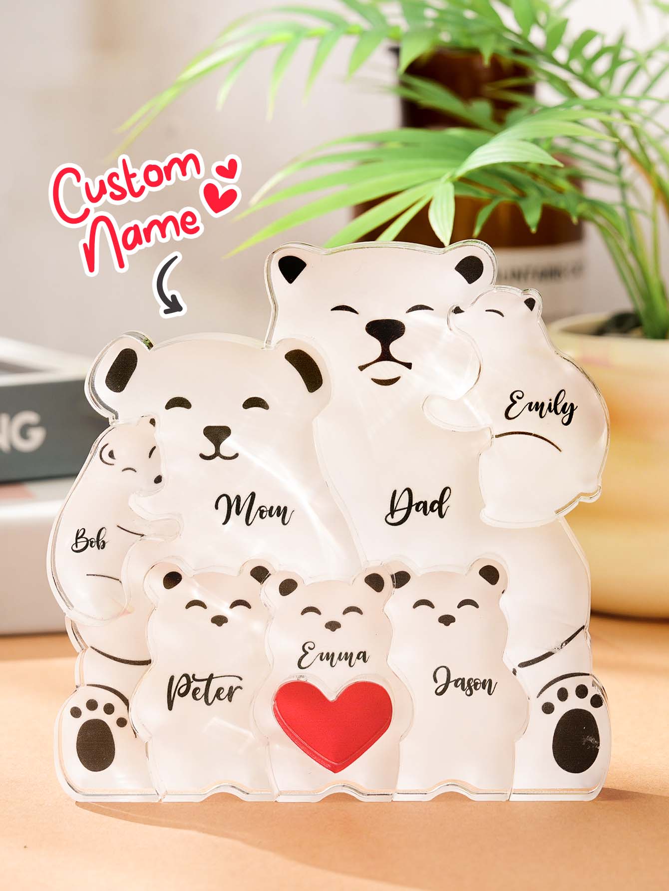 Overhead view of the personalised bear family puzzle with custom names arranged within the bear silhouette