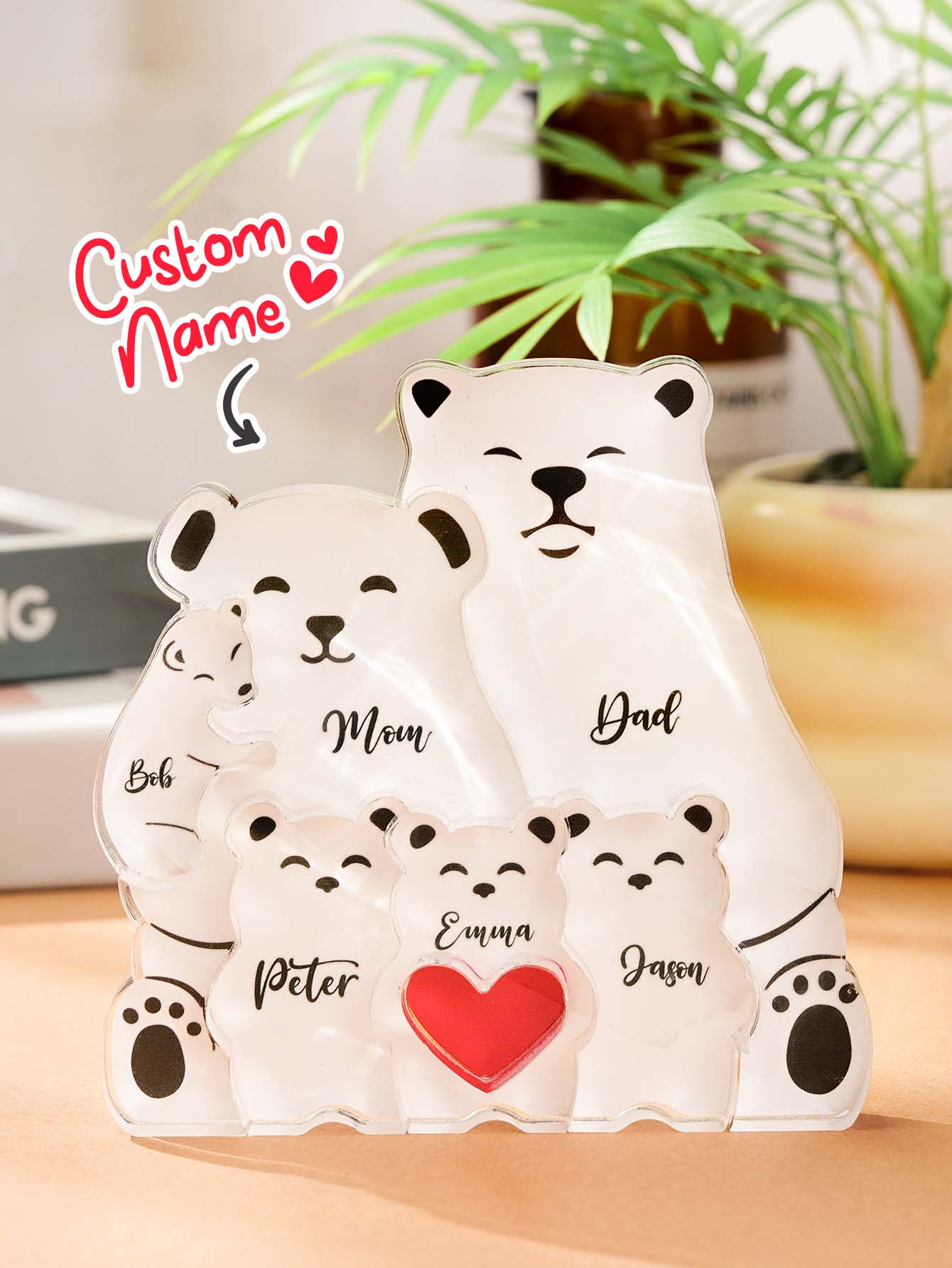 Close detail of smooth acrylic edges and individual family member pieces on a personalised bear puzzle