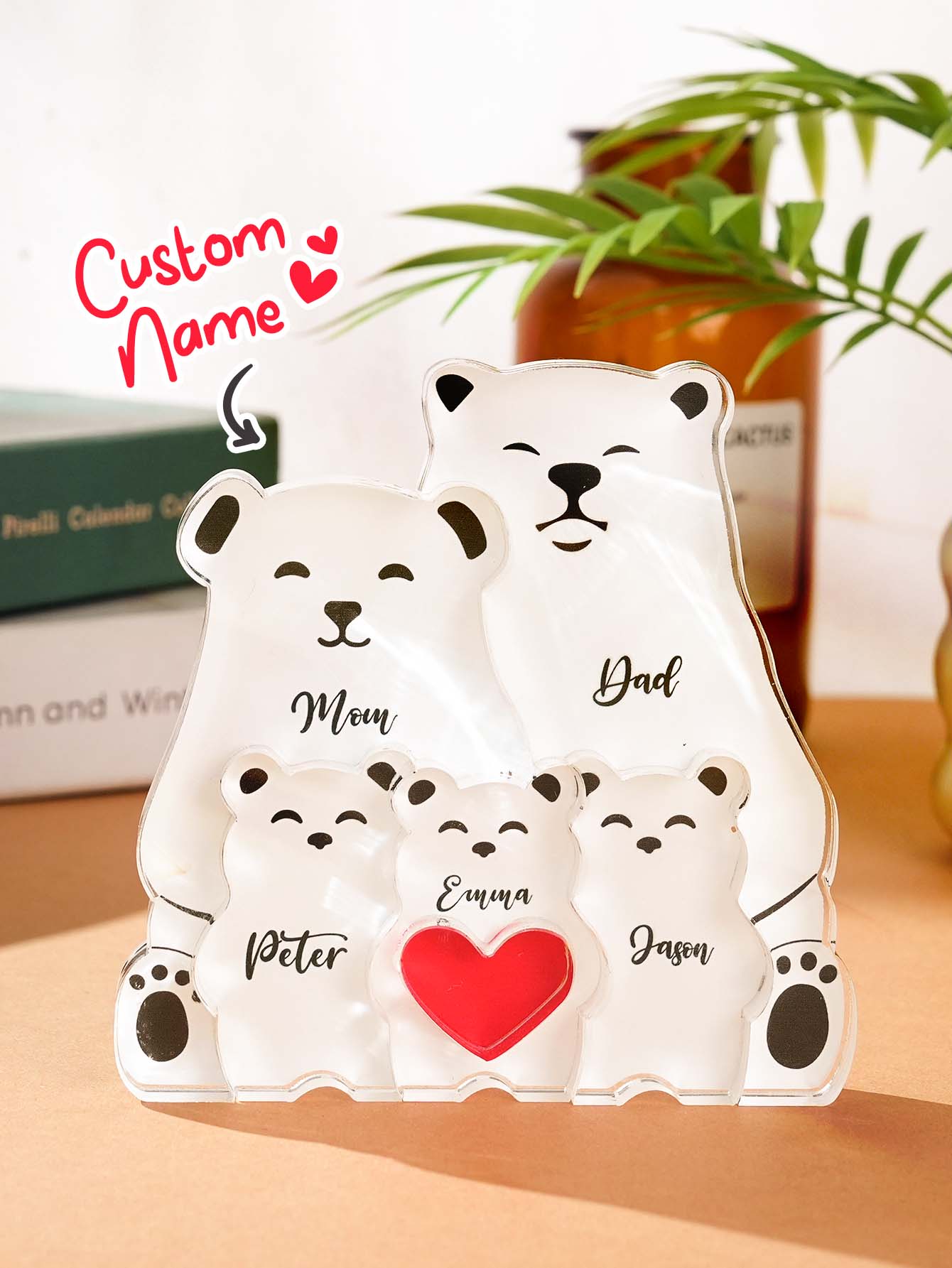Hand-held personalised acrylic bear puzzle to show scale — custom-engraved family names, ideal keepsake gift for Mum