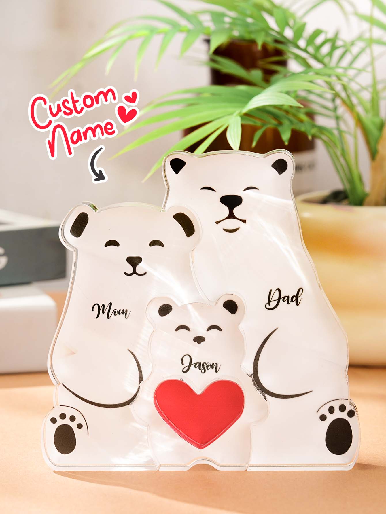 Styled shot of personalised bear family puzzle on a shelf — modern acrylic décor personalised with family names for Mum