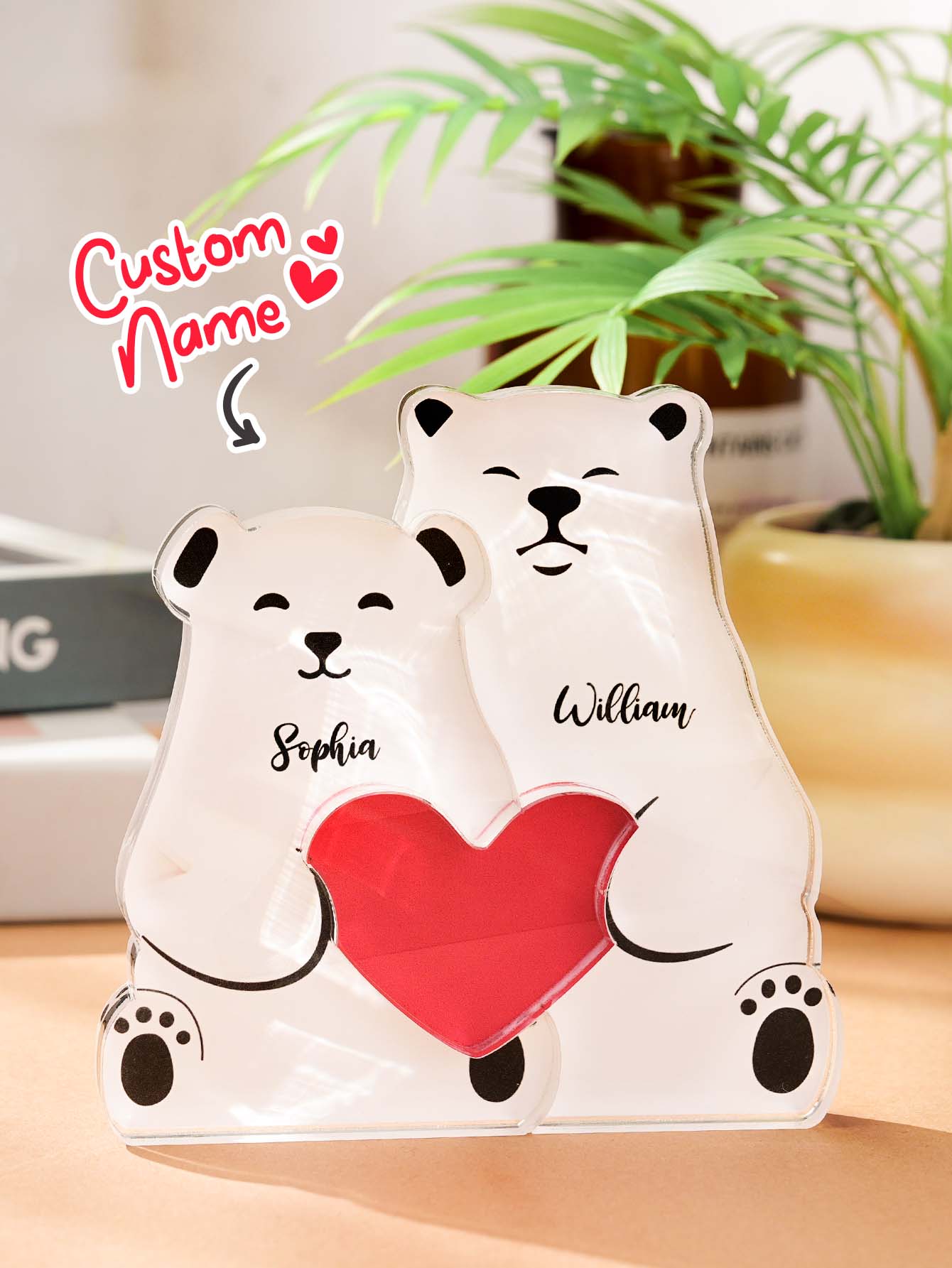 Detail shot of name engraving on acrylic bear puzzle with neat typography — a personalised gift for Mother’s Day or birthdays