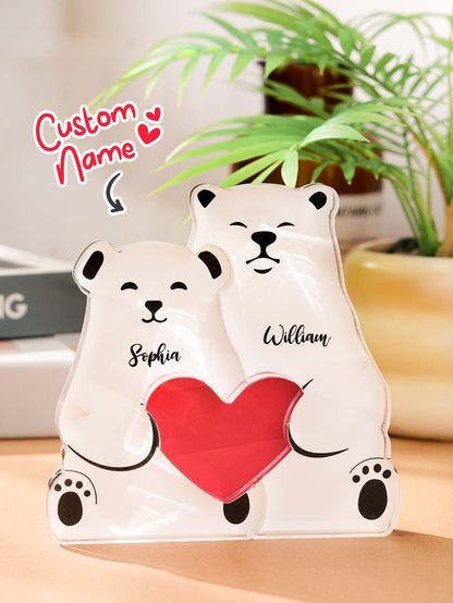 Detail shot of name engraving on acrylic bear puzzle with neat typography — a personalised gift for Mother’s Day or birthdays