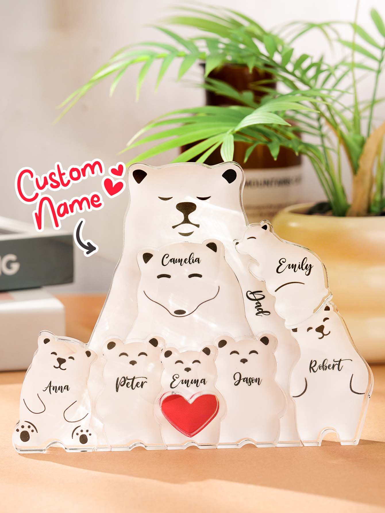 Care and packaging details for the Personalised Bear Family Puzzle, showing cleaning guidance and presentation for a personalised acrylic gift